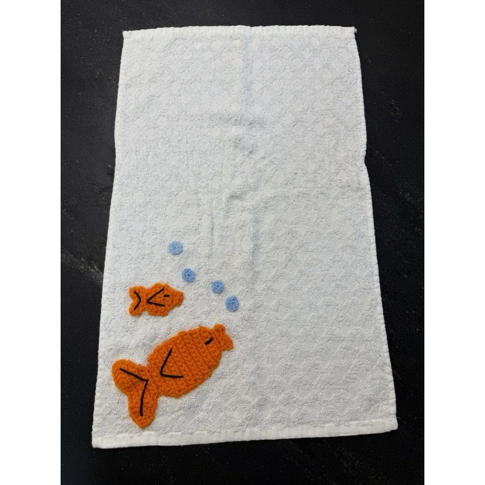 Vintage Crochet Goldfish Bath Towel Set 3pc Handmade Mid Century Kitsch Decor